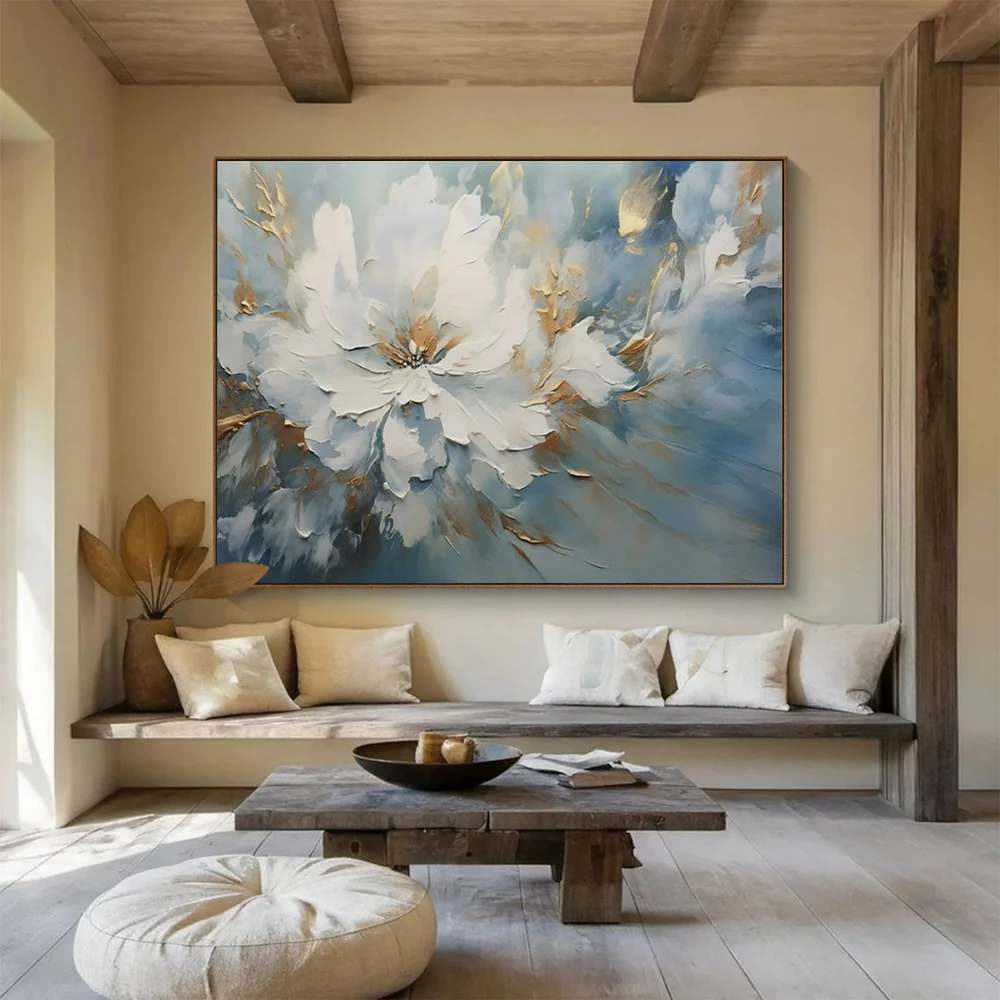 Blue Hand-painted Flower Elegant Abstract Canvas Wall Art 0V3XX
